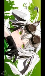Rule 34 | 1girl, black gloves, commentary, dated, english commentary, gloves, goggles, goggles on head, green background, green eyes, hair between eyes, hand up, highres, holding, long hair, mayogii, original, parted lips, signature, solo, spray can, twintails, white hair
