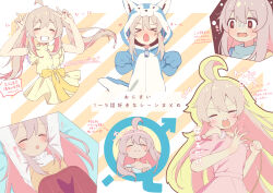 Rule 34 | 1girl, absurdres, ahoge, animal ear fluff, animal ears, animal hands, arms up, ayahosiyuki, blush, closed eyes, commentary request, double v, dress, gloves, grey hair, grin, highres, long sleeves, multiple views, onesie, onii-chan wa oshimai!, oyama mahiro, paw gloves, pink dress, pink hair, short sleeves, sidelocks, sleeveless, sleeveless dress, smile, tail, translation request, twintails, v, wavy mouth, wolf ears, wolf hood, wolf tail, xo, yellow dress