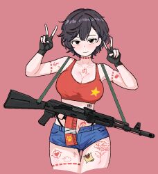 Rule 34 | 1girl, arm tattoo, black gloves, black hair, breasts, cleavage, closed mouth, cocktiel77, crop top, cropped legs, double v, fingerless gloves, gloves, kalashnikov rifle, large breasts, leg tattoo, looking at viewer, medium hair, military, original, red background, red eyes, short shorts, shorts, simple background, smile, solo, tattoo, v, weapon