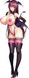 Rule 34 | 1girl, absurdres, demon girl, derauea, full body, hand on own hip, head wings, highres, lace, lace-trimmed legwear, lace trim, motto! haramase! honoo no oppai isekai chou ero: succubus gakuen, official art, photoshop (medium), pink thighhighs, red hair, solo, thighhighs, transparent background, washimiya takami, wings