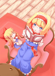 Rule 34 | 1girl, alice margatroid, bespectacled, blonde hair, blue eyes, blush, book, chair, doll, female focus, from above, glasses, hairband, holding, holding book, matching shanghai, mintmochi (artist), mochinabe, open book, shanghai doll, short hair, sitting, solid circle eyes, solo, touhou
