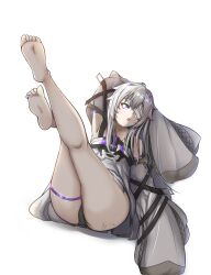 Rule 34 | 1girl, ahoge, bandage over one eye, bare legs, barefoot, chinese commentary, commentary, detached sleeves, dress, grey dress, grey eyes, grey hair, grey sleeves, hair between eyes, hair ornament, hairclip, highres, long hair, no.21: xxi (punishing: gray raven), no.21 (punishing: gray raven), punishing: gray raven, signature, sleeves past fingers, sleeves past wrists, solo, suspenders, t. r., thigh strap, thighs, white background