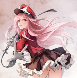 Rule 34 | 1girl, absurdres, belt, coat, eyebrows hidden by hair, fate/grand order, fate (series), gloves, hat, highres, holding, holding weapon, holding whip, long hair, looking at viewer, looking back, medb (alluring chief warden look) (fate), medb (fate), military, military hat, military uniform, pink hair, reaching, reaching towards viewer, skirt, solo, uniform, weapon, whip, white gloves, yellow eyes, zuihou de miao pa si