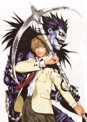 Rule 34 | 2boys, absurdres, brown hair, death note, highres, male focus, multiple boys, necktie, obata takeshi, official art, ryuk, scan, school uniform, scythe, serious, shinigami, simple background, teeth, traditional media, white background, yagami light