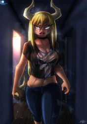 Rule 34 | 1girl, abs, blonde hair, blue eyes, boku no hero academia, breasts, capri pants, choker, cleavage, cowboy shot, crop top, crossdressing, crossover, denim, facing viewer, female focus, highres, horns, jeans, large breasts, long hair, marvel, midriff, pants, punisher, shirt, solo, t-shirt, the punisher, tsunotori pony, veins, walking, wet, wet clothes