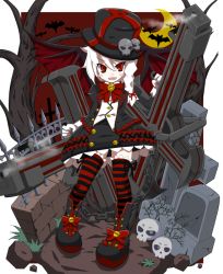 Rule 34 | 1girl, crescent moon, cross, fangs, female focus, grave, graveyard, gun, hat, moon, mukai keiichirou, open mouth, original, red eyes, short hair, skull, smile, solo, striped clothes, striped thighhighs, thighhighs, top hat, vampire, weapon, white hair