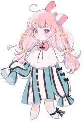 Rule 34 | 1girl, absurdres, ahoge, artist name, black bow, bow, braid, dress, hair bow, highres, jikuno, long hair, long sleeves, original, pink bow, pink hair, simple background, sleeves past fingers, sleeves past wrists, solo, striped, white background