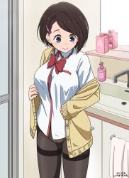 Rule 34 | 1girl, bathroom, black pantyhose, blue eyes, blush, bottle, bra, breasts, brown hair, cardigan, closed mouth, commentary request, dated, faucet, hair ornament, hairclip, hitoribocchi no marumaru seikatsu, large breasts, mirror, onaka peko, open cardigan, open clothes, pantyhose, purple bra, red neckwear, shirt, short hair, sink, sleeves past wrists, smile, solo, standing, tenkawa daisou, thighband pantyhose, towel, underwear, undressing, white shirt, yellow cardigan