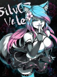 Rule 34 | 1girl, animal ears, blue eyes, blue hair, blue thighhighs, breasts, chain, cleavage, ebiblue, fingerless gloves, fishnet gloves, fishnets, flower, fox ears, fox tail, gloves, gradient hair, medium breasts, multicolored hair, nail polish, navel, open mouth, pink hair, silvervale, silvervale (4th costume), skirt, tail, thighhighs, tongue, virtual youtuber, vshojo