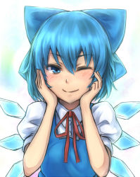 Rule 34 | 1girl, ;), blue eyes, blue hair, blush, bow, cirno, dress, hair bow, hands on own face, inaba-no-kuni-tottori, matching hair/eyes, one eye closed, ribbon, short hair, smile, solo, touhou, upper body, wink
