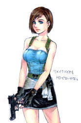 Rule 34 | 1girl, blue eyes, breasts, brown hair, capcom, cleavage, closed mouth, commentary request, fingerless gloves, gloves, gun, jill valentine, kikimimi 612, looking at viewer, resident evil, resident evil 3, resident evil 3: nemesis, short hair, simple background, skirt, solo, weapon, white background