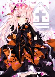 Rule 34 | 1girl, animal ear fluff, animal ears, bad id, bad pixiv id, black gloves, black thighhighs, blush, breasts, cat ears, commentary request, cross, dress, gloves, hair between eyes, halloween, hand up, highres, lace, lace-trimmed legwear, lace trim, long hair, looking at viewer, medium breasts, nanase kureha, nanase nao, orange dress, original, parted lips, partially fingerless gloves, petals, pink hair, solo, thighhighs, very long hair, yellow eyes