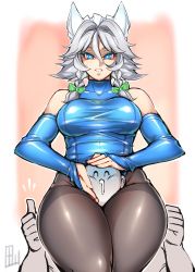 Rule 34 | 1boy, 1girl, alternate costume, bald, between thighs, black pantyhose, blue eyes, blue leotard, breasts, bridal gauntlets, bright pupils, colored eyelashes, cowboy shot, drooling, grin, hair between eyes, hand on another&#039;s face, hand on another&#039;s head, happy, headscissor, highres, hip focus, izayoi sakuya, leotard, maid headdress, medium breasts, pantyhose, pink background, scissorhold, shiny clothes, signature, silver hair, smile, squeezing, tajima yuuki, taut leotard, thick thighs, thighband pantyhose, thighs, thumbs up, touhou, turtleneck, white pupils