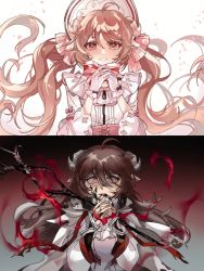Rule 34 | 1girl, absurdres, ahoge, ambience synesthesia, animal ears, arknights, blood, blood from mouth, blush, bonnet, bow, brown eyes, brown hair, commentary request, dress, eyjafjalla (arknights), floating hair, gloves, grey dress, hair between eyes, hands up, highres, holding, holding staff, horns, jacket, long hair, long sleeves, looking at viewer, mrswayne794, official alternate costume, open clothes, open jacket, own hands together, pink bow, red eyes, sheep ears, sheep girl, sheep horns, staff, striped, striped bow, torn clothes, torn jacket, twintails, very long hair, white dress, white gloves, white headwear, white jacket, wide sleeves