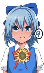 Rule 34 | &gt;:d, 1girl, :d, blue bow, blue dress, blue eyes, blue hair, bow, circled 9, cirno, commentary, dress, eyes visible through hair, fang, flower, hair between eyes, hair bow, highres, large bow, looking at viewer, nib pen (medium), open mouth, puffy short sleeves, puffy sleeves, short hair, short sleeves, simple background, smile, solo, spoken number, sunflower, tan, tanned cirno, tony guisado, touhou, traditional media, upper body, v-shaped eyebrows, white background