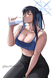 Rule 34 | 1girl, absurdres, between legs, bike shorts, black hair, black pants, blue archive, blue hair, blue sports bra, bottle, bra, breasts, broad shoulders, closed eyes, collarbone, commentary, drinking, english commentary, halo, hand between legs, highres, holding, holding bottle, large breasts, long bangs, midriff, obosounds, pants, ponytail, saori (blue archive), sidelocks, simple background, sitting, solo, sports bra, sweat, sweat stain, sweaty clothes, twitter username, underwear, water bottle, white background, yoga pants