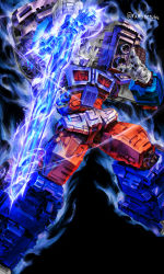 Rule 34 | autobot, glowing, glowing eyes, highres, holding, holding sword, holding weapon, mecha, no humans, open hand, purple eyes, robot, science fiction, solo, sword, transformers, twitter username, ultra magnus, uungunover, weapon