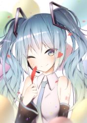 Rule 34 | 1girl, ;), bad id, bad pixiv id, blue eyes, blue hair, blue necktie, detached sleeves, feathers, floating hair, giryu, hair between eyes, hatsune miku, head tilt, holding, holding feather, long hair, microphone, necktie, one eye closed, petals, portrait, red feathers, shirt, sleeveless, sleeveless shirt, smile, solo, tattoo, twintails, very long hair, vocaloid, white shirt
