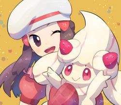 Rule 34 | 1girl, :&gt;, alcremie, alcremie (strawberry sweet), brown eyes, brown hair, commentary request, creatures (company), dawn (palentine&#039;s 2021) (pokemon), dawn (pokemon), dress, eyelashes, game freak, gen 8 pokemon, hair ornament, hairclip, hat, head tilt, highres, holding, holding pokemon, mittens, nintendo, nullma, official alternate costume, one eye closed, open mouth, pokemon, pokemon (creature), pokemon masters ex, red dress, red mittens, short sleeves, signature, smile, teeth, tongue, white headwear