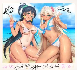 Rule 34 | 2girls, aqua eyes, bare shoulders, beach, bikini, bikini tan, black hair, blue sky, blush, bracelet, cloud, cloudy sky, commentary request, dated, day, earrings, green eyes, gyaru, jewelry, kneeling, lips, long hair, looking at viewer, masami chie, multiple girls, navel, ocean, official art, one-piece tan, open mouth, outdoors, ponytail, re:shimashima, shiny skin, shore, side ponytail, signature, sky, smile, sweat, sweatdrop, swimsuit, tan, tanline, tokyo exe girls, tongue, tongue out, water, white hair