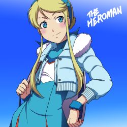 Rule 34 | 1girl, blonde hair, blue background, blue dress, blue eyes, blue hairband, blue jacket, blush, buttons, cheerleader, closed mouth, cropped jacket, dress, female focus, fur collar, fur trim, gradient background, hairband, head tilt, heroman, jacket, lina davis, long sleeves, looking at viewer, nervous sweating, short hair with long locks, sidelocks, simple background, smile, solo, sweat, swept bangs, takaya n, twintails, unbuttoned, upper body