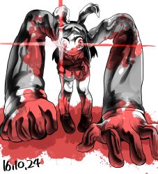 Rule 34 | 1girl, animal ears, blazer, blood, blood on clothes, blood on face, blood splatter, closed mouth, commentary request, cookie (touhou), dated, frown, full body, glint, hisui (cookie), jacket, leaning forward, loafers, long arms, long hair, medium bangs, metal hisui (cookie), metal skin, necktie, rabbit ears, rabbit girl, red eyes, reisen udongein inaba, shoes, socks, solo, swept bangs, tetugakuzonbi, touhou, transparent background, wall-eyed