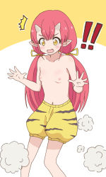 Rule 34 | 1girl, abekawa mochizo, animal print, bloomers, blush, breasts, highres, horns, long hair, navel, nipples, no bra, oni horns, onipan!, open mouth, red hair, small breasts, solo, tiger print, topless, tsutsuji (onipan!), twintails, underwear, yellow eyes