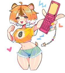 Rule 34 | 1girl, ahoge, animal ears, blush, breasts, brown hair, cellphone, character charm, charm (object), crop top, cropped legs, denim, denim shorts, fizzeru, flip phone, hamster ears, hamster girl, hamster tail, hamtaro, hamtaro (series), highres, holding, holding phone, medium breasts, midriff, multicolored hair, multicolored nails, nail polish, navel, open mouth, orange hair, orange shirt, phone, shirt, short hair, short sleeves, shorts, smile, solo, thigh gap, upper body, white background, white hair