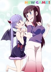 Rule 34 | 10s, 2girls, :d, absurdres, barefoot, black dress, black wings, blue eyes, blush, breasts, brown hair, cheek poking, collarbone, copyright name, demon wings, dress, eye contact, fang, hair ornament, hair scrunchie, high ponytail, highres, holding hands, horns, large breasts, leg up, long hair, looking at another, makicha (sasurainopink), multiple girls, new game!, off shoulder, open mouth, poking, purple eyes, purple hair, scrunchie, smile, strap slip, suzukaze aoba, sweat, takimoto hifumi, twintails, wavy mouth, wings, yuri