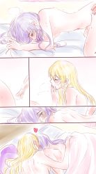 Rule 34 | 10s, 2girls, all fours, alternate hairstyle, ayase eli, blue eyes, blush, breasts, closed eyes, comic, e len, fingering, from above, hair down, heart, highres, licking, licking finger, long hair, looking back, love live!, love live! school idol project, medium breasts, multiple girls, nipples, purple hair, pussy juice, sequential, sex, sideboob, sketch, sweat, tojo nozomi, trembling, under covers, yuri