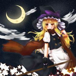 Rule 34 | 1girl, amalemon, apron, blonde hair, bow, braid, broom, bush, cloud, crescent moon, gloves, half-closed eye, hat, hat bow, highres, kirisame marisa, long hair, moon, night, night sky, orange eyes, scarf, side braid, skirt, sky, smile, solo, star (sky), star (symbol), starry sky, tongue, tongue out, touhou, uneven eyes, vest, witch hat