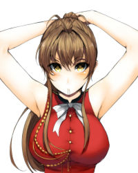 Rule 34 | 10s, 1girl, adjusting hair, aiguillette, amagi brilliant park, andrew1998, antenna hair, armpits, arms up, blush, bow, breasts, brown hair, highres, large breasts, long hair, looking at viewer, mouth hold, pei (andrew1998), ponytail, sento isuzu, solo, tying hair, upper body, yellow eyes