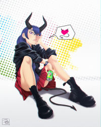 Rule 34 | 1girl, 7up, blue hair, blush, boots, braid, can, combat boots, demon girl, demon horns, demon tail, drink can, ear piercing, fang, filika, full body, hair between eyes, hair over shoulder, heart, horns, jacket, long hair, looking at viewer, original, piercing, plaid, plaid skirt, pleated skirt, purple eyes, single braid, sitting, skirt, sleeves pushed up, soda can, solo, spoken heart, tail, thick eyebrows