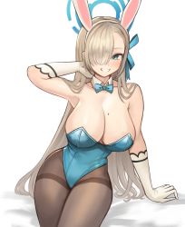 Rule 34 | 1girl, absurdres, animal ears, asuna (blue archive), asuna (bunny) (blue archive), bare shoulders, blue archive, blue eyes, blue leotard, blush, breasts, brown pantyhose, cleavage, detached collar, elbow gloves, fake animal ears, gloves, grin, hair over one eye, halo, highleg, highleg leotard, highres, large breasts, leotard, light brown hair, long hair, looking at viewer, mole, mole on breast, pantyhose, playboy bunny, rabbit ears, revision, smile, solo, sookmo, thighs, white gloves
