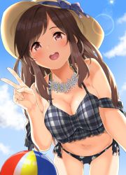 Rule 34 | 1girl, ball, beachball, blue bow, blue sky, blush, bow, breasts, brown eyes, brown hair, cleavage, cloud, commentary request, cowboy shot, day, flower, flower necklace, from below, hat, jewelry, large breasts, lens flare, long hair, looking at viewer, mamedenkyuu (berun), necklace, open mouth, original, outdoors, sky, smile, solo, standing, sun, sun hat, swimsuit, v, wading