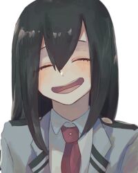Rule 34 | 1girl, asui tsuyu, black hair, boku no hero academia, close-up, closed eyes, commentary request, hair between eyes, highres, machida 0906, necktie, open mouth, red necktie, school uniform, shirt, simple background, smile, solo, white background, white shirt