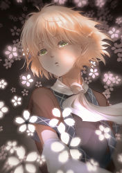Rule 34 | 1girl, absurdres, arm warmers, bad id, bad pixiv id, black shirt, blonde hair, brown jacket, commentary, flower, flying shonen, green eyes, grey background, hair between eyes, highres, jacket, looking at viewer, mizuhashi parsee, multicolored clothes, multicolored jacket, open mouth, pointy ears, scarf, shirt, short hair, short sleeves, solo, touhou, upper body, watery eyes, white scarf