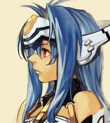 Rule 34 | 1girl, antenna hair, bare shoulders, blue hair, closed mouth, expressionless, from side, hair between eyes, headgear, hungry clicker, kos-mos, long hair, profile, red eyes, robot ears, simple background, solo, xenosaga, yellow background