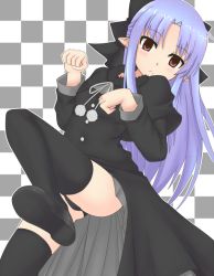 Rule 34 | 00s, 1girl, bad id, bad pixiv id, blue eyes, bow, checkered background, hair bow, intejia, kasutamu13, len (tsukihime), long hair, melty blood, panties, paw pose, pointy ears, red eyes, ribbon, shoes, solo, thighhighs, tsukihime, underwear