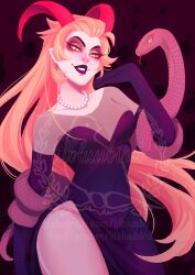 Rule 34 | 1girl, black lips, blonde hair, breasts, colored sclera, cowboy shot, curled horns, dark background, demon, demon girl, demon horns, dress, elbow gloves, eyeshadow, forked tongue, gloves, grin, hair slicked back, hazbin hotel, highres, horns, jewelry, large breasts, lilbluubird, lilith (hazbin hotel), long eyelashes, long hair, looking at viewer, makeup, necklace, pale skin, pearl necklace, pelvic curtain, pink horns, pointy ears, procreate (medium), purple dress, purple eyeshadow, sidelocks, slit pupils, smile, snake, solo, tongue, tongue out, twitter username, very long hair, white eyes, yellow sclera