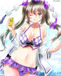 Rule 34 | 1girl, bikini, blush, breasts, brown eyes, brown hair, checkered bikini, checkered clothes, cleavage, closed mouth, collarbone, cowboy shot, groin, hair between eyes, hajike akira, hat, highres, himekaidou hatate, holding, holding phone, large breasts, long hair, navel, one-hour drawing challenge, one eye closed, phone, purple hat, smile, solo, swimsuit, tokin hat, tongue, tongue out, touhou, twintails