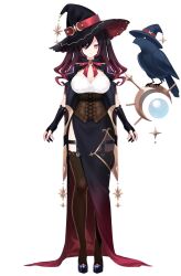 Rule 34 | + +, 1girl, bird, black footwear, black gloves, black hair, black thighhighs, breasts, brown corset, cleavage, corset, crescent moon, crow, full body, gloves, gradient hair, hat, highres, large breasts, long skirt, looking at viewer, moon, multicolored hair, nyori, official art, orb, partially fingerless gloves, pink eyes, pink hair, puffy short sleeves, puffy sleeves, red ribbon, ribbon, short sleeves, side slit, simple background, skirt, solo, standing, streaked hair, tachi-e, thigh strap, thighhighs, thighs, two side up, v4mirai, virtual youtuber, white background, witch hat, yumi the witch