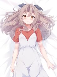 Rule 34 | 1girl, bed sheet, black ribbon, blush, brown hair, closed mouth, commentary request, cowboy shot, dress, from above, fuuna, hair between eyes, hair ribbon, highres, kantai collection, long hair, looking at viewer, lying, official alternate costume, on back, red eyes, red shirt, ribbon, shirt, short sleeves, sleeveless, sleeveless dress, smile, solo, white dress, zuihou (kancolle)