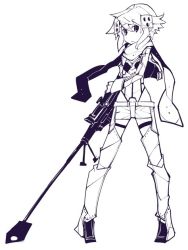 Rule 34 | 1girl, anti-materiel rifle, bolt action, closed mouth, dowman sayman, greyscale, gun, hair between eyes, hair ornament, hairclip, holding, holding gun, holding weapon, jacket, long sleeves, monochrome, pgm hecate ii, purple theme, rifle, scarf, short hair, short hair with long locks, shorts, sinon, sniper rifle, solo, standing, sword art online, thigh strap, weapon