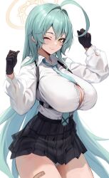 Rule 34 | 1girl, absurdres, aqua hair, aqua necktie, aqua panties, bandaid on thigh, between breasts, black gloves, black skirt, blue archive, breasts, button gap, chest harness, cleavage, collared shirt, gloves, halo, hands up, harness, highres, huge breasts, long sleeves, miniskirt, necktie, necktie between breasts, panties, pantyshot, pleated skirt, puffy long sleeves, puffy sleeves, shirt, simple background, skirt, solo, stone (ksorede), underwear, white background, white shirt, yellow eyes, yellow halo, yume (blue archive)