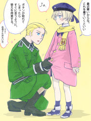 Rule 34 | 10s, 1boy, 1girl, animal print, axis powers hetalia, bad id, bad pixiv id, bear, bear print, black footwear, black gloves, blonde hair, blue eyes, blush, boots, buttons, clothes writing, cross, crossover, dressing, flying sweatdrops, germany (hetalia), gloves, hat, inusaka (sweet-honey1560), iron cross, kantai collection, long coat, long sleeves, military, military uniform, open mouth, pink background, sailor hat, scarf, short hair, simple background, sleeves past wrists, standing, uniform, winter clothes, yellow scarf, z1 leberecht maass (kancolle)