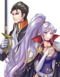 Rule 34 | 1boy, 1girl, absurdres, armor, ascot, belt, black hair, breasts, cape, cleavage, collar, commission, commissioner upload, fire emblem, fire emblem: genealogy of the holy war, fire emblem: thracia 776, hair ornament, highres, holding, holding sword, holding weapon, ishtar (fire emblem), jewelry, kousetu0506, large breasts, long hair, nintendo, non-web source, pauldrons, purple eyes, purple hair, reinhardt (fire emblem), shoulder armor, skeb commission, sword, very long hair, weapon