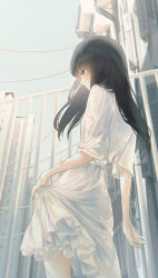 Rule 34 | 1girl, absurdres, amugae, black eyes, black hair, blue sky, building, closed mouth, day, dress, expressionless, fence, from behind, highres, long hair, looking at viewer, looking back, original, outdoors, skirt hold, sky, solo, standing, white dress