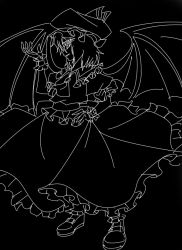 Rule 34 | 1girl, bat wings, black background, black theme, dark, female focus, greyscale, hat, monochrome, remilia scarlet, short hair, solo, touhou, vampire, wabi (wbsk), wabi tsubaki, wings
