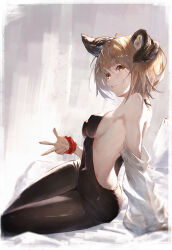 Rule 34 | 1girl, absurdres, animal ears, arm support, backless outfit, bare shoulders, black bodysuit, bodysuit, breasts, brown eyes, brown hair, choker, closed mouth, covered erect nipples, covered navel, detached sleeves, dog ears, feet out of frame, granblue fantasy, highres, lips, looking at viewer, looking to the side, short hair, sideboob, sitting, small breasts, smile, solo, thick eyebrows, vajra (granblue fantasy), w, wristband, yokozuwari, yu pian